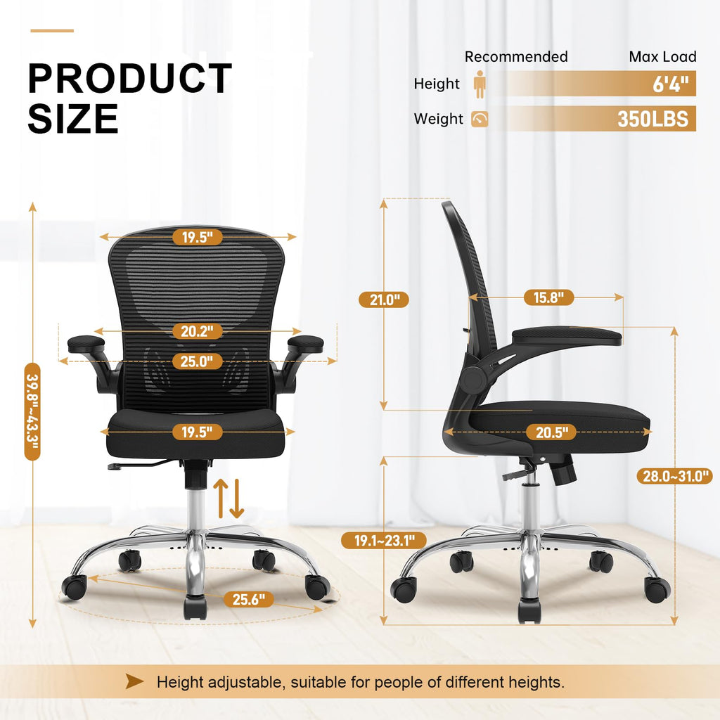Office Chair, Ergonomic Desk Chairs 330LBS Capacity High Back Mesh Computer Chair with Flip-up Armrests, Comfy Work Chair with Adjustable Lumbar Support, Rolling Chair