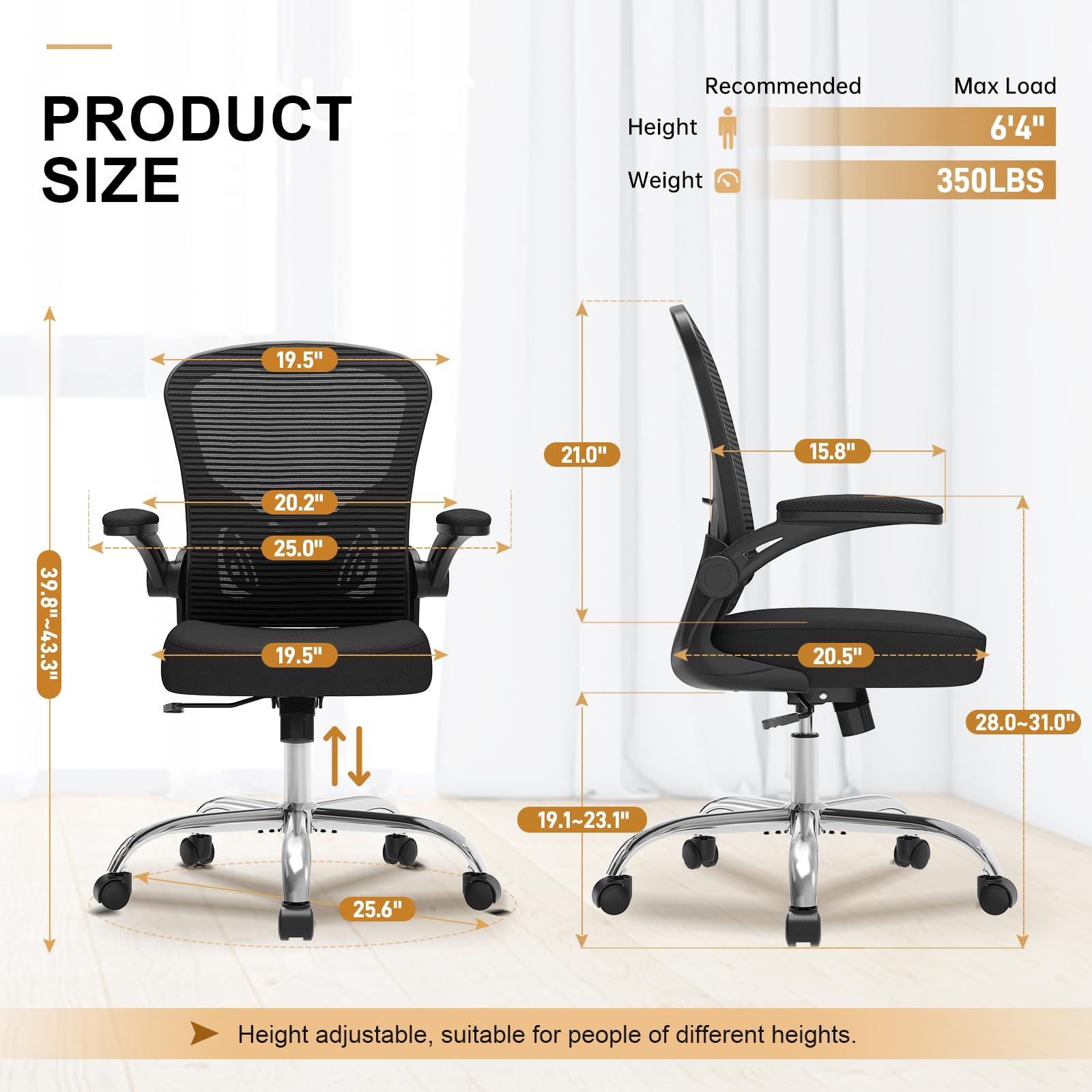 Office Chair, Ergonomic Desk Chairs 330LBS Capacity High Back Mesh Computer Chair with Flip-up Armrests, Comfy Work Chair with Adjustable Lumbar Support, Rolling Chair