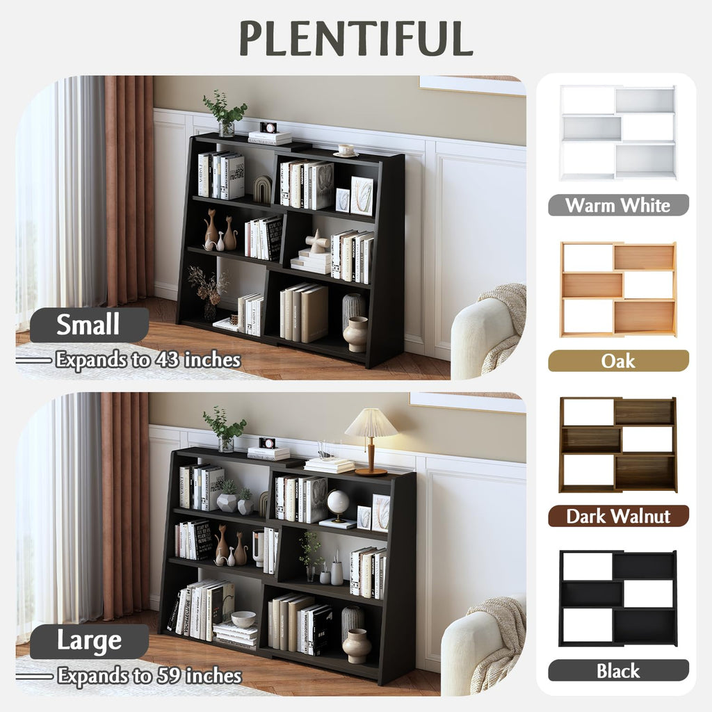 Wooden Extendable Shelf Bookcase, 3-Tier Low Bookshelf, Black, S