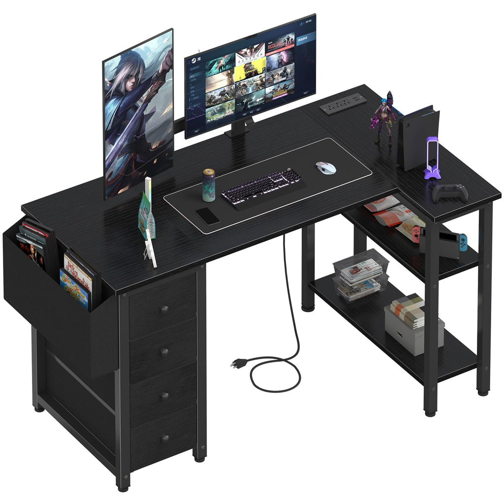 L Shaped Gaming Desk with Power Outlet, 47 Inch Reversible Corner Computer Desk with Drawers & Storage Shelves for Home Office Bedroom, L-Shaped Teen PC Desks with Fabric Drawer, Black