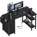 L Shaped Gaming Desk with Power Outlet, 47 Inch Reversible Corner Computer Desk with Drawers & Storage Shelves for Home Office Bedroom, L-Shaped Teen PC Desks with Fabric Drawer, Black