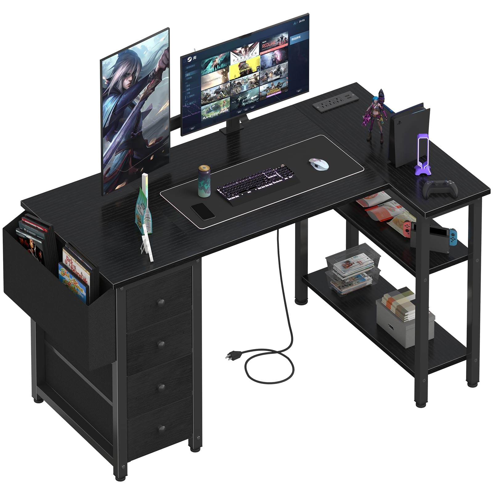 L Shaped Gaming Desk with Power Outlet, 47 Inch Reversible Corner Computer Desk with Drawers & Storage Shelves for Home Office Bedroom, L-Shaped Teen PC Desks with Fabric Drawer, Black