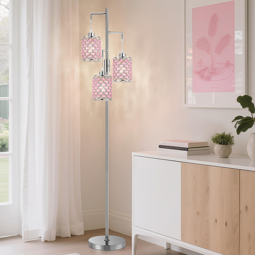 Pink Crystal Floor Lamp, 3-Light Standing Tall Lamp with Sparkling K9 Crystal Shade, Rotary Switch, Easy Assemble Lamps for Living Room, Bedroom, Home Office, Girls Room
