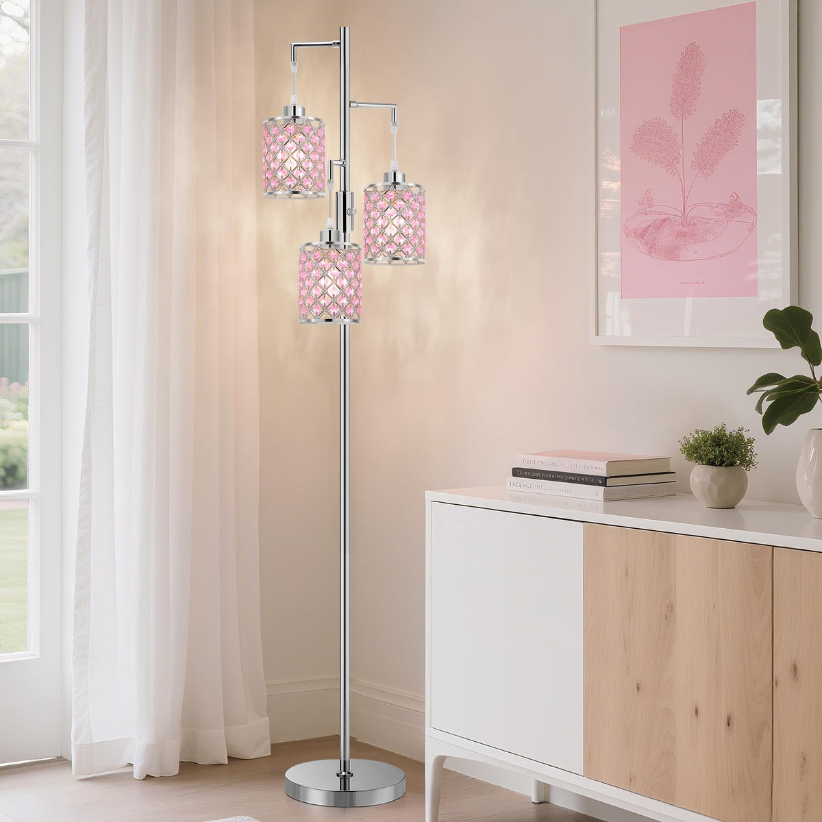 Pink Crystal Floor Lamp, 3-Light Standing Tall Lamp with Sparkling K9 Crystal Shade, Rotary Switch, Easy Assemble Lamps for Living Room, Bedroom, Home Office, Girls Room