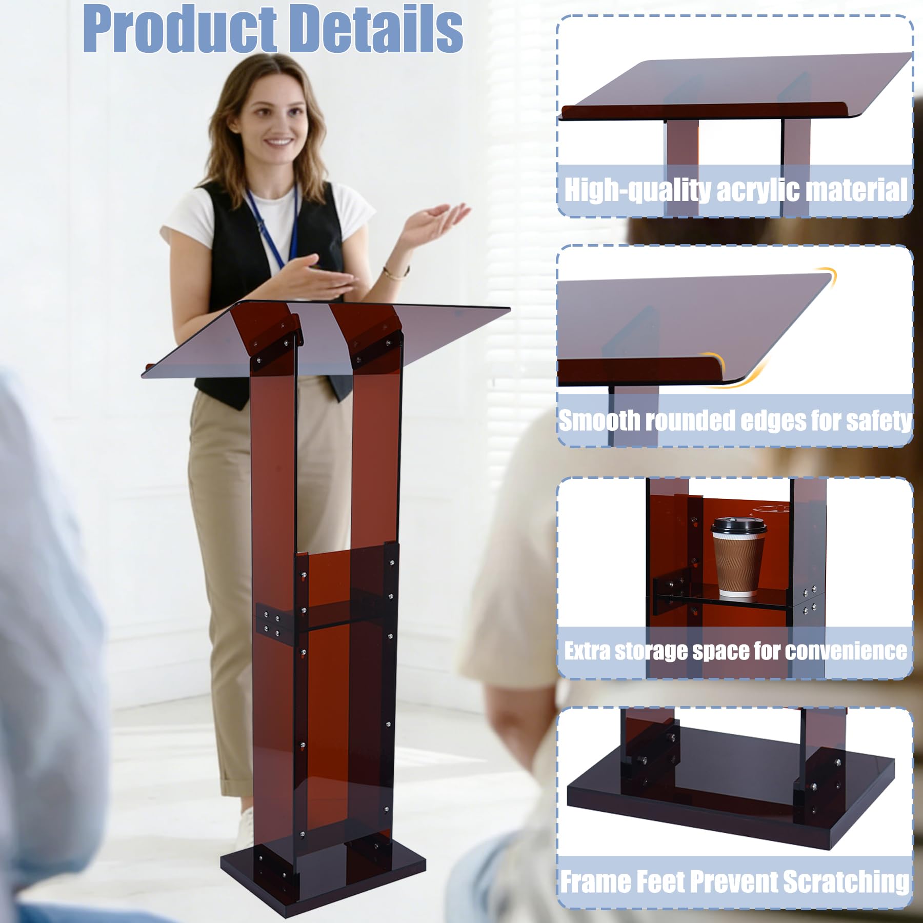 Acrylic Podium Stand 45.5" with Storage Shelf, Modern Amber Lectern Professional Presentation Podiums with Reading Platform for School, Classroom, Weddings, Conference, Concert, Events, Church