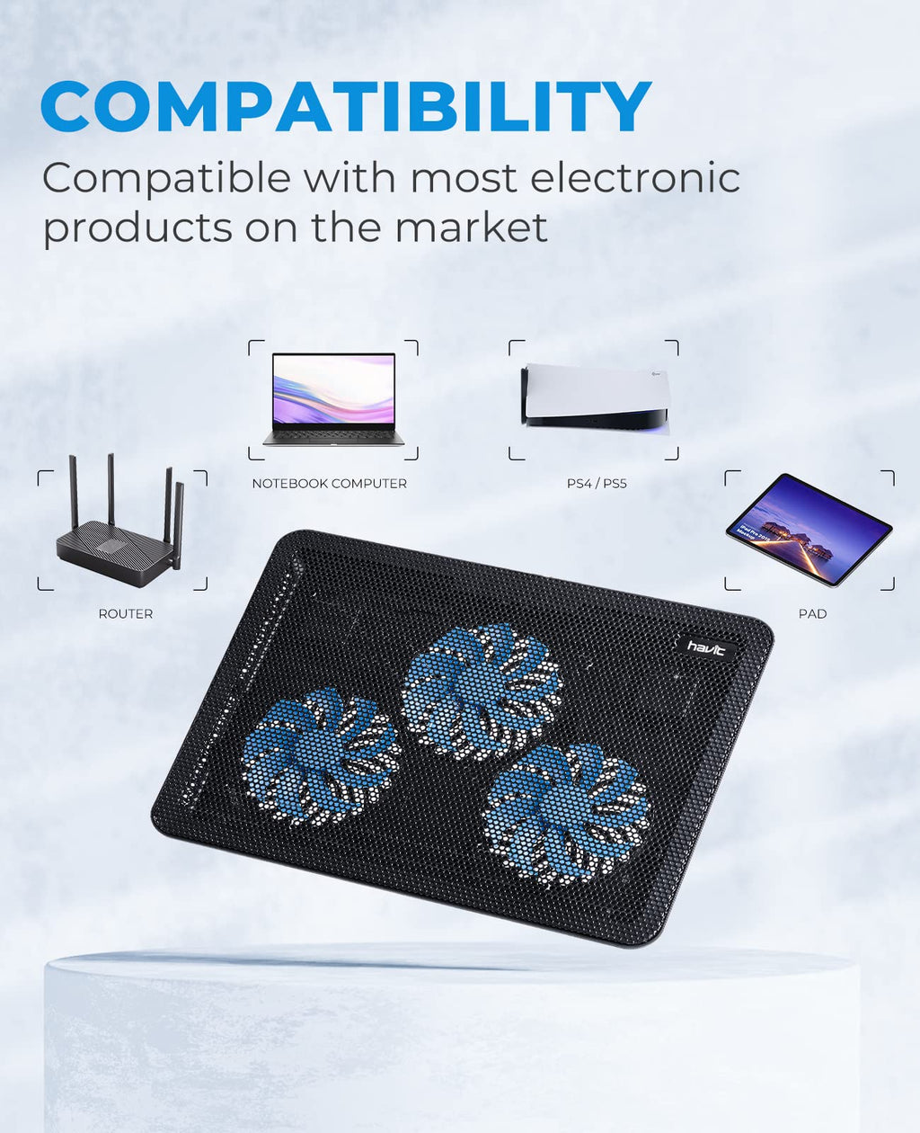 15.6"-17" Laptop Cooler Cooling Pad - Slim Portable USB Powered (3 Fans), Black/Blue