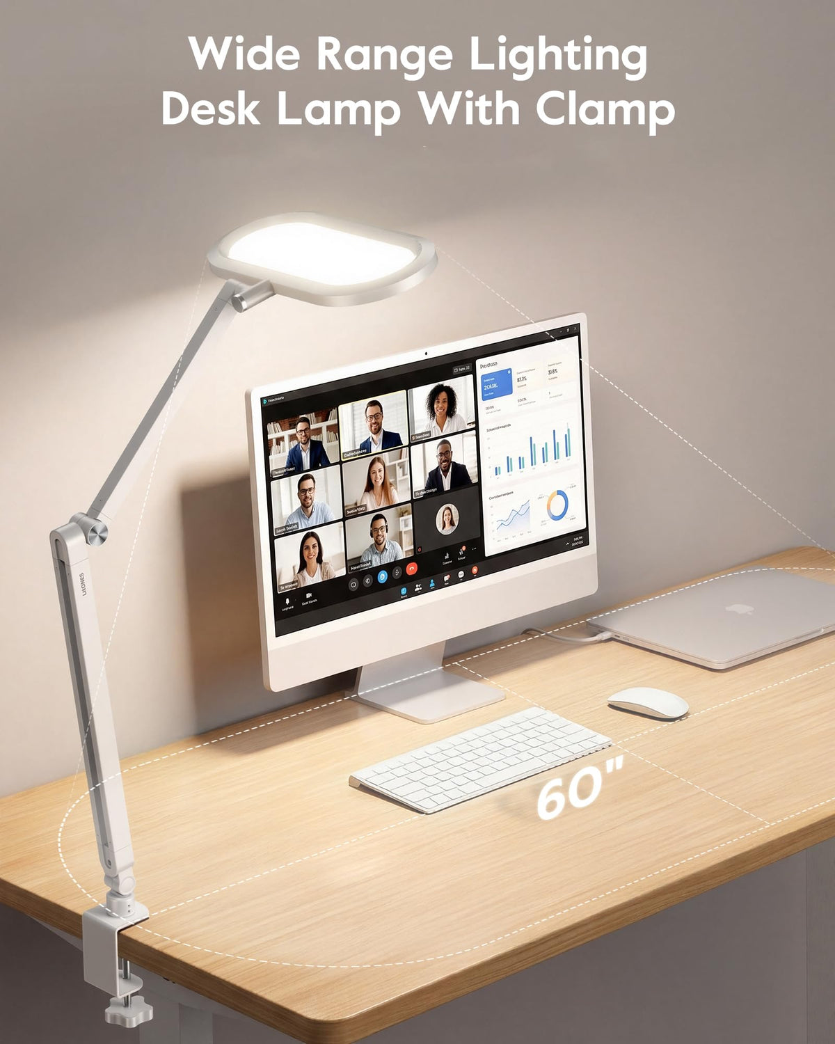 Desk Lamp for Home Office with Clamp for Video Conference, 50 Lighting Modes, Double-Sided Desk Light with Stepless Dimmable Knob Remote, Adjustable Arm Light for Video Recording, Zoom Call