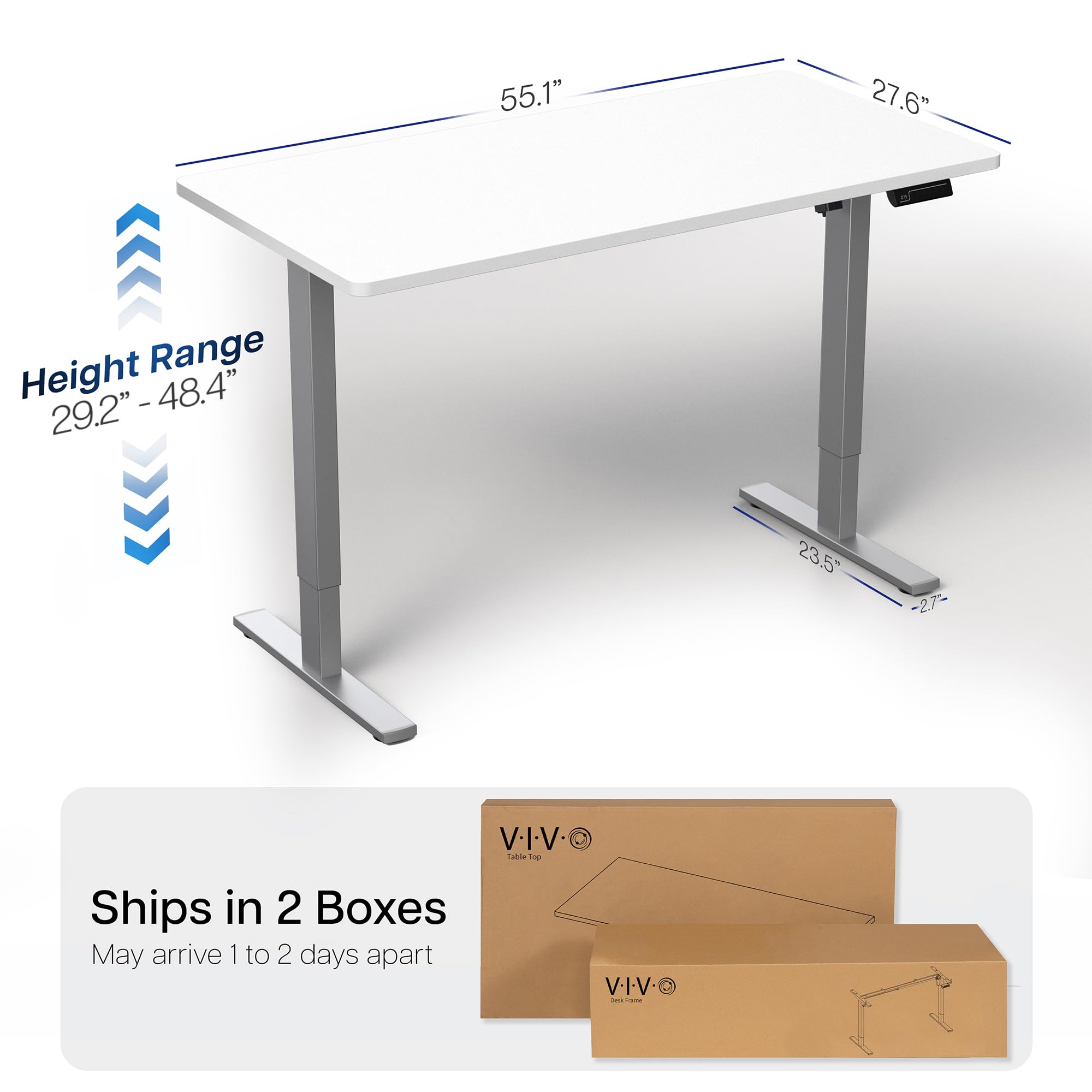 Electric 55 x 28 in Standing Desk, Memory Height Adjustment, 1B Series, Holds 220 lbs, One-Piece White Top, Gray Frame