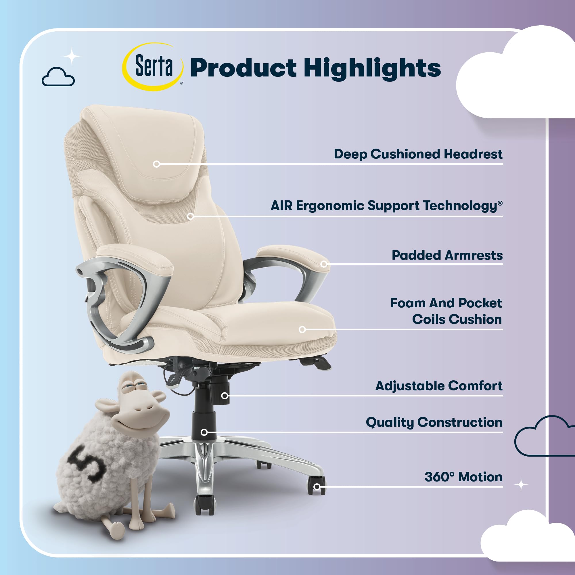 Executive Office Chair - Ergonomic Computer DeskChair with Lumbar Technology - Adjustable Height - Memory Foam Body Pillows - 360° Swivel Rolling Base - Bonded Leather - Cream