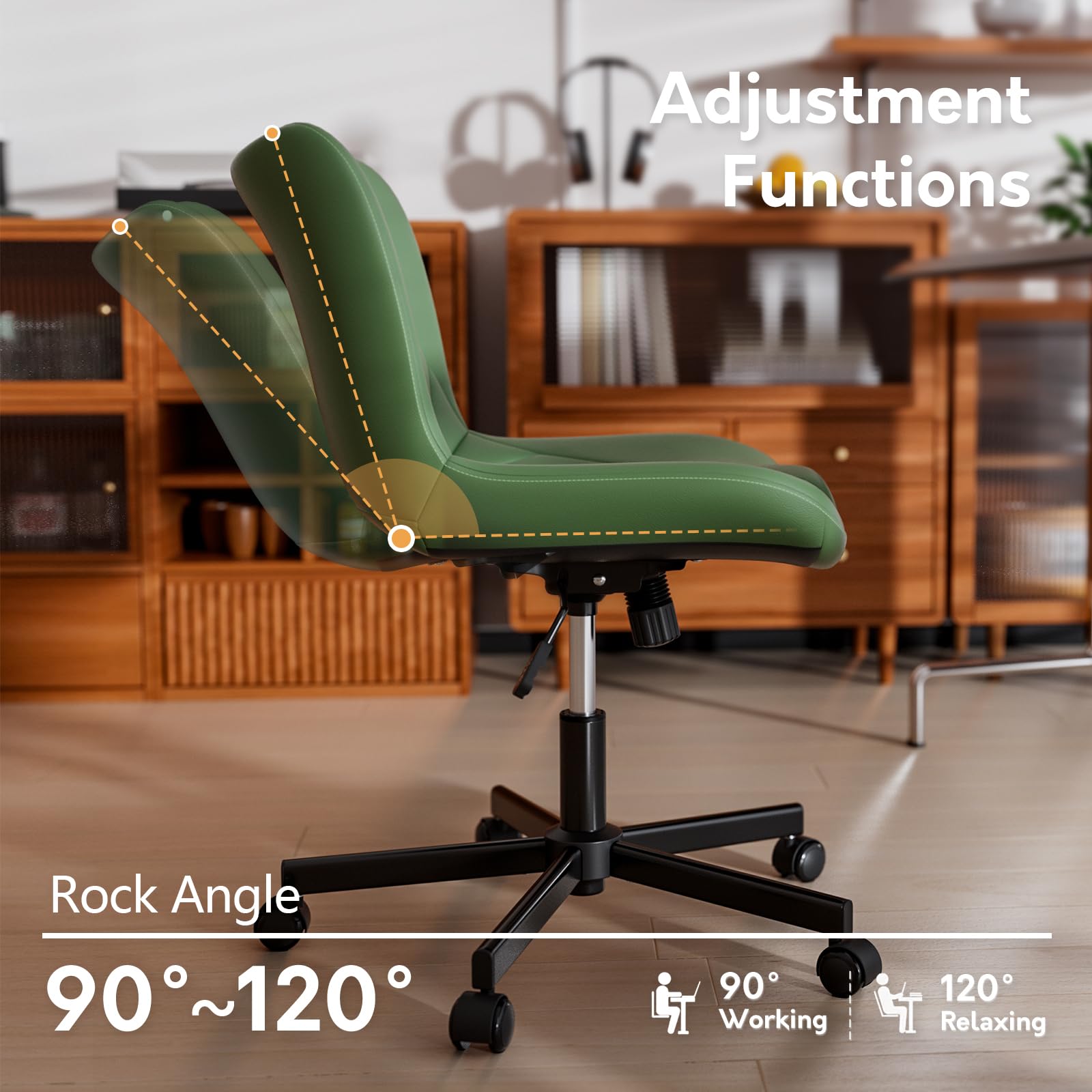 Armless Desk Chair, Morden Home Office Chair no Arms, Adjustable Height & Rocking Computer Chair, PU Leather Vanity Chair, Ergonomic Seat Soft Padded Desk Chairs for Home Small Space, Green
