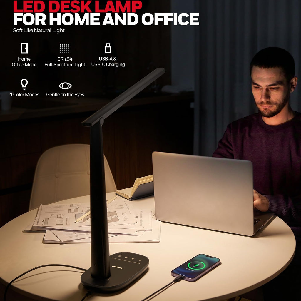LED Desk Lamp for Home Office, Eye-Caring Dimmable Reading Light with 4 Color Modes, Touch Control, USB-A & USB-C Charging Ports, Adjustable Head, Timer for Bedroom & Small Desks