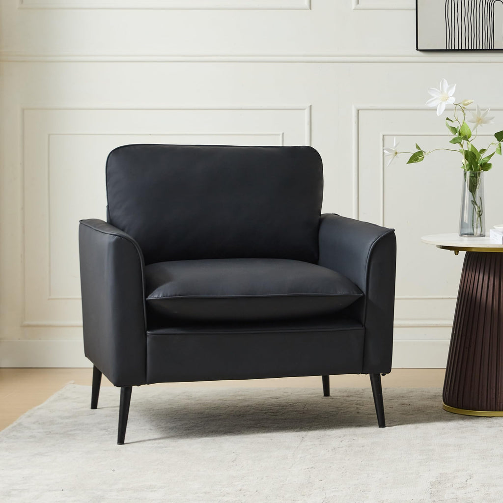 Accent Chair, Faux Leather Chairs, Mid Century Modern Comfy Living Room Chairs, Cozy Office Reading Chair, Reception Armchairs for Office, Bedroom, Waiting Room (Black) (1)
