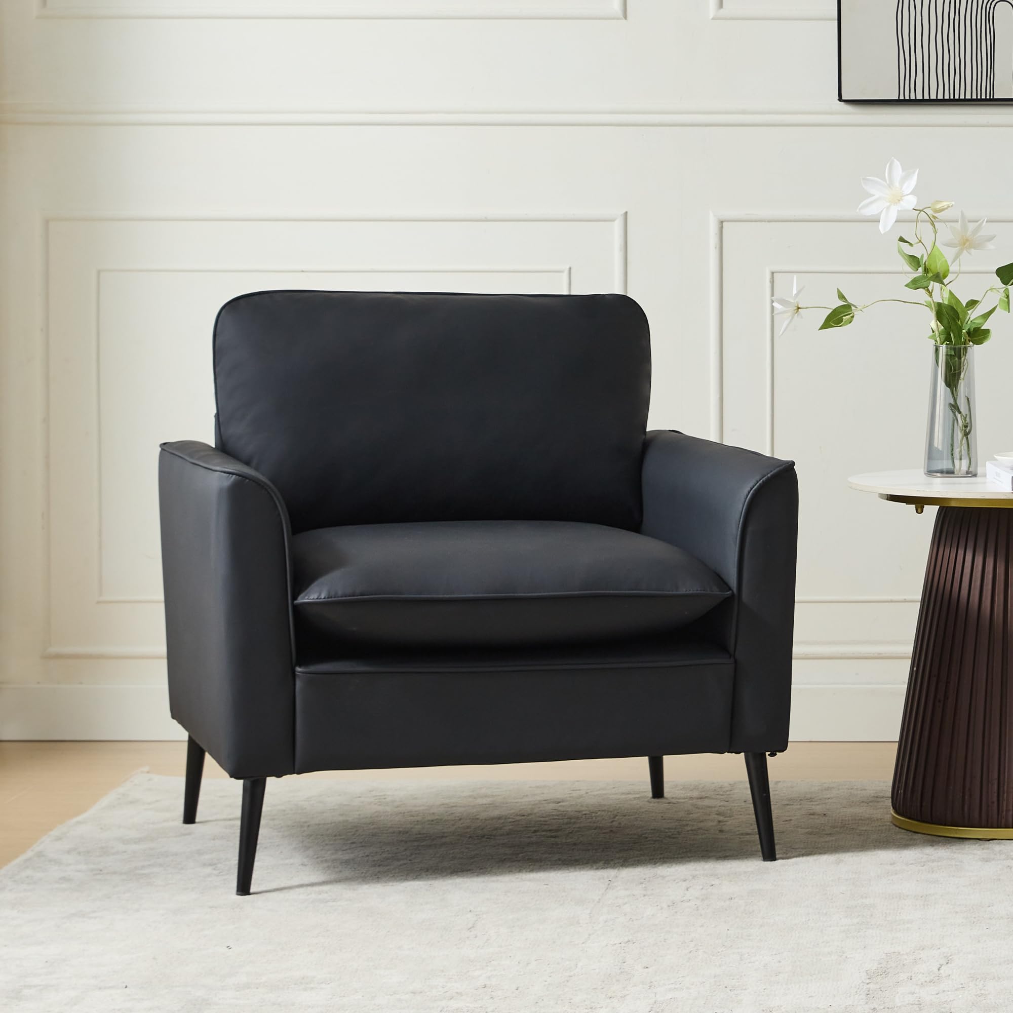 Accent Chair, Faux Leather Chairs, Mid Century Modern Comfy Living Room Chairs, Cozy Office Reading Chair, Reception Armchairs for Office, Bedroom, Waiting Room (Black) (1)