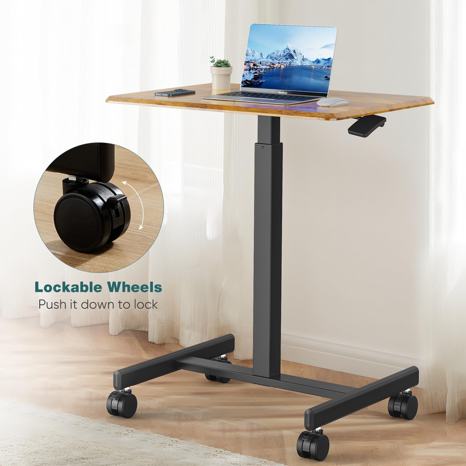 Mobile Small Standing Desk, Portable Rolling Laptop Desk with 2 Lockable Wheels, Adjustable Height Computer Workstation for Home Office, 19 Inch Brown