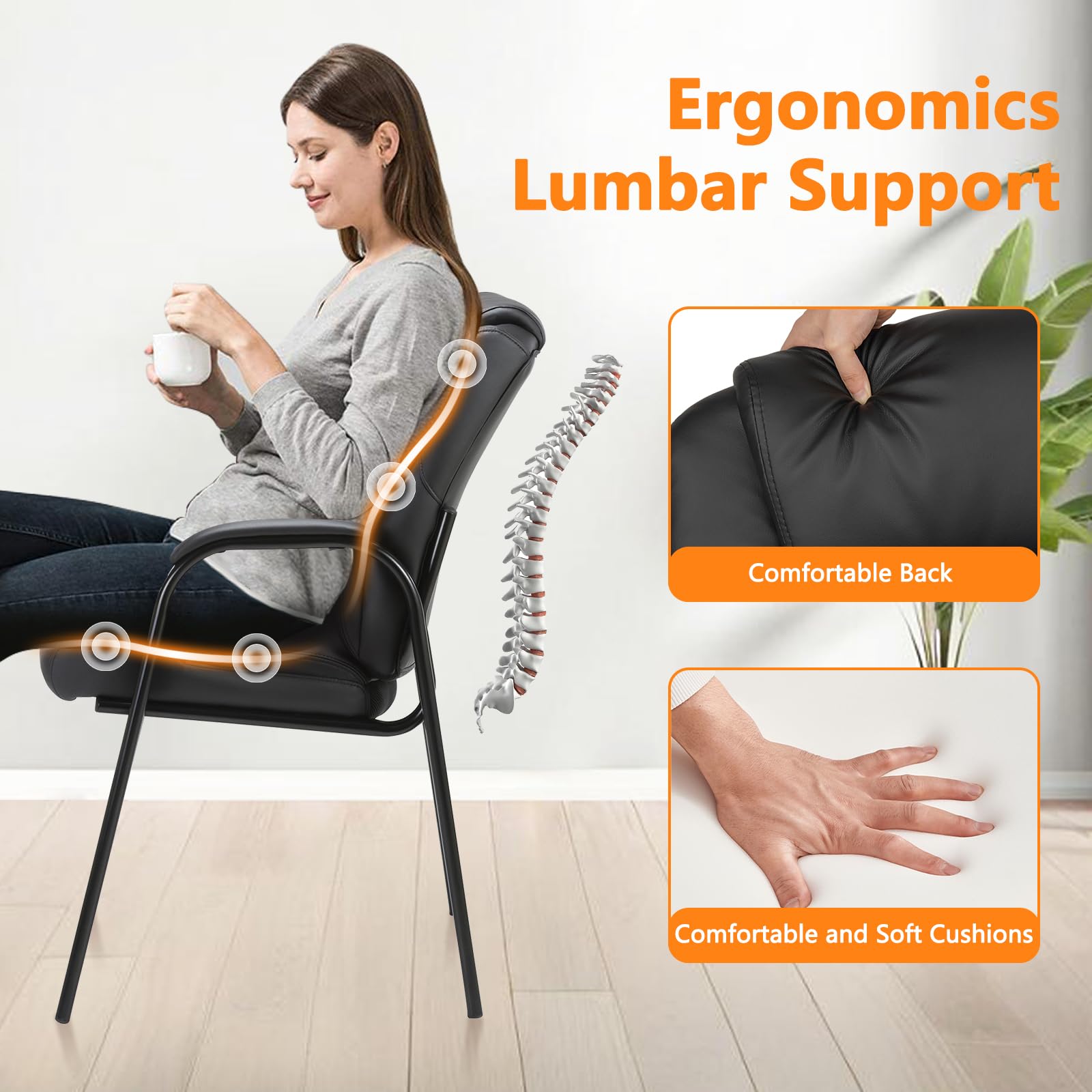 6 Pack, Leather Guest Chair with Padded Arm Rest for Reception Meeting Conference and Waiting Room Side Office Home Black