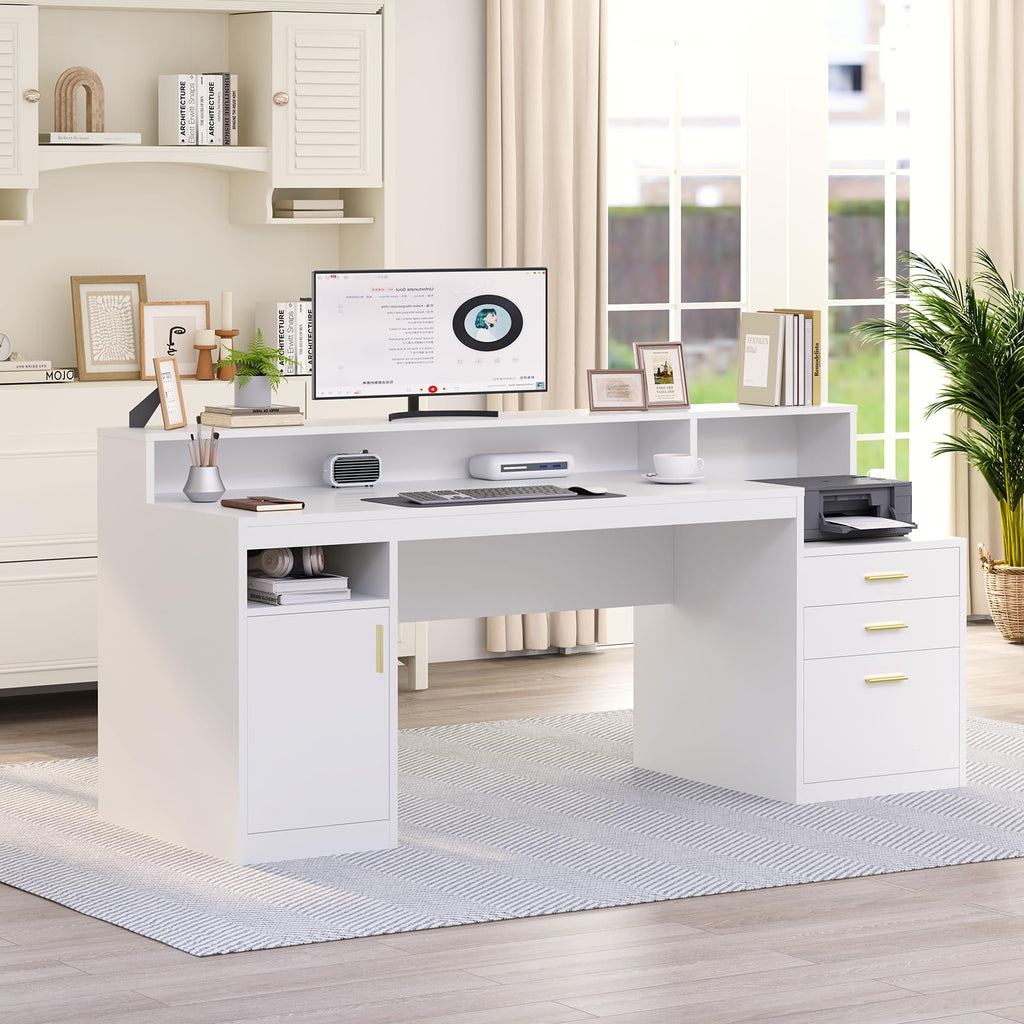 Computer Desk with 3 Drawer & Storage Shelves, Home Office Desk with File Drawer & Cabinet, Writing Study Table with Long Monitor Stand & Printer Shelf, Executive Desk, White