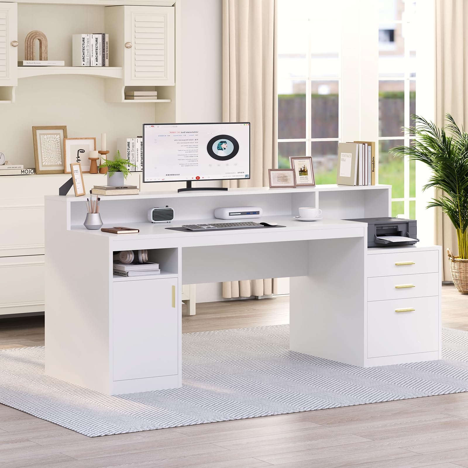 Computer Desk with 3 Drawer & Storage Shelves, Home Office Desk with File Drawer & Cabinet, Writing Study Table with Long Monitor Stand & Printer Shelf, Executive Desk, White