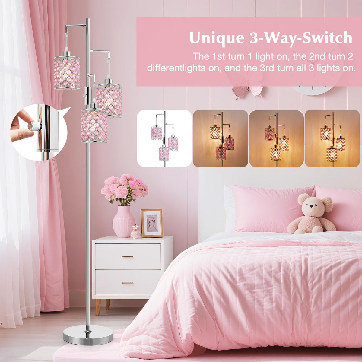 Pink Crystal Floor Lamp, 3-Light Standing Tall Lamp with Sparkling K9 Crystal Shade, Rotary Switch, Easy Assemble Lamps for Living Room, Bedroom, Home Office, Girls Room