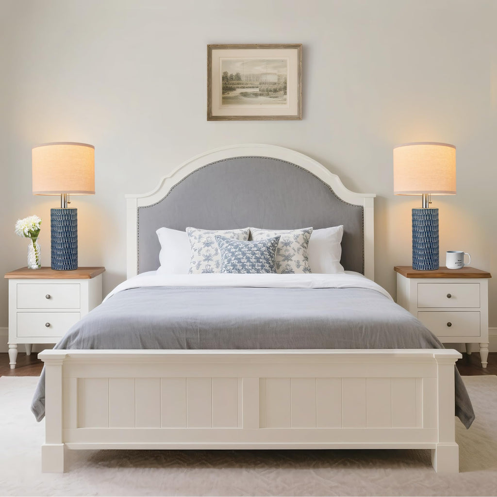20.5" Modern Ceramic Table Lamps for Bedroom Set of 2, Bedside Lamps for Night Stands with Beige Lampshade, Farmhouse Table Lamp for Living Room Office Dorm, Blue