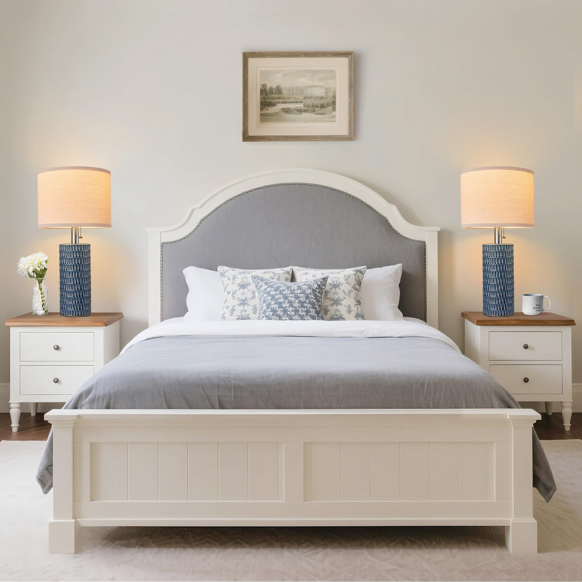 20.5" Modern Ceramic Table Lamps for Bedroom Set of 2, Bedside Lamps for Night Stands with Beige Lampshade, Farmhouse Table Lamp for Living Room Office Dorm, Blue