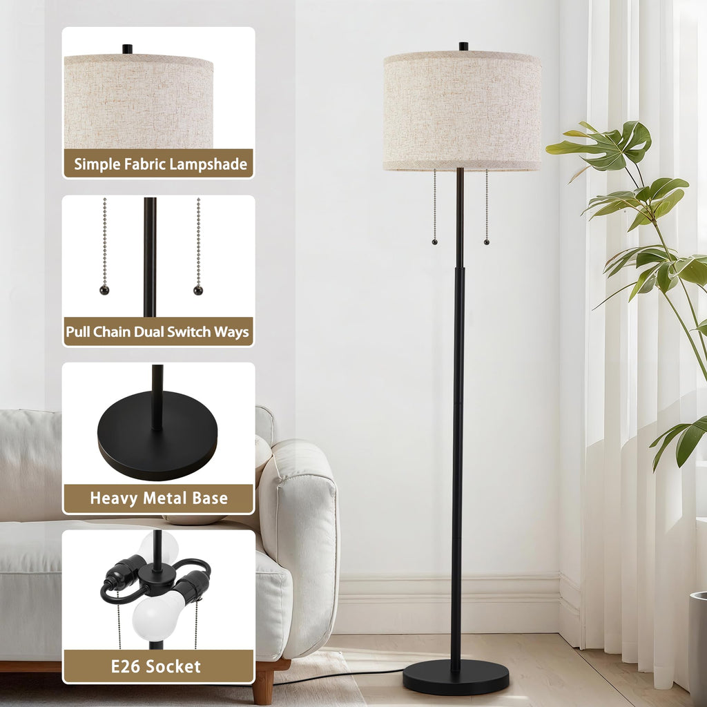 Black Floor Lamp, 62" Standing Lamp for Living Room with Lampshade