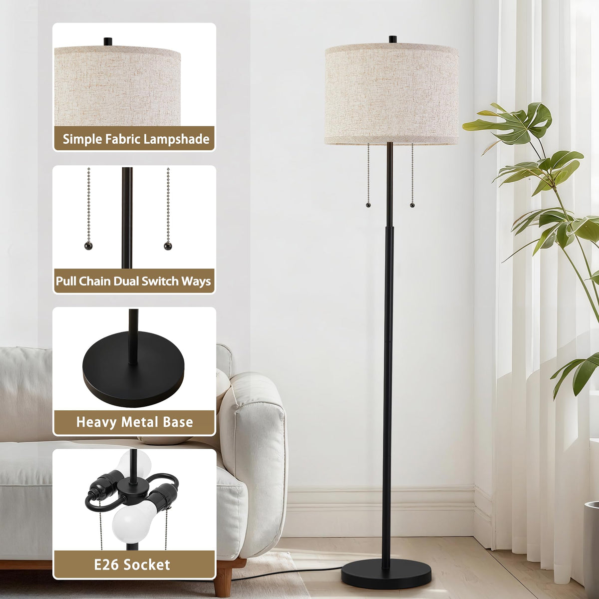 Black Floor Lamp, 62" Standing Lamp for Living Room with Lampshade