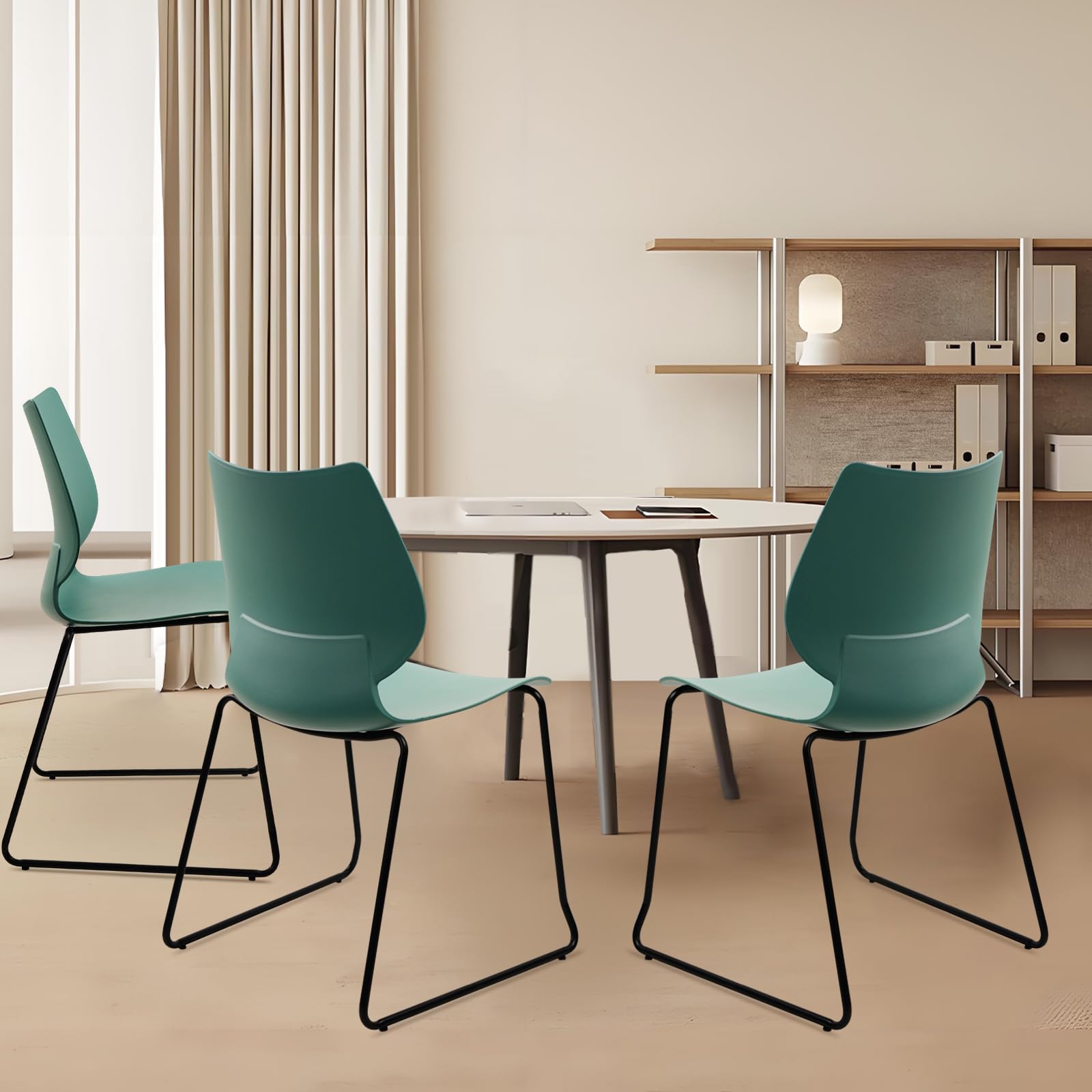 Set of 4, Stackable Waiting Room Chair, Stacking Office Chair with Ergonomic Lumbar Support and Metal Legs, Plastic Desk Chairs for Conference School Church Guest Reception, Green