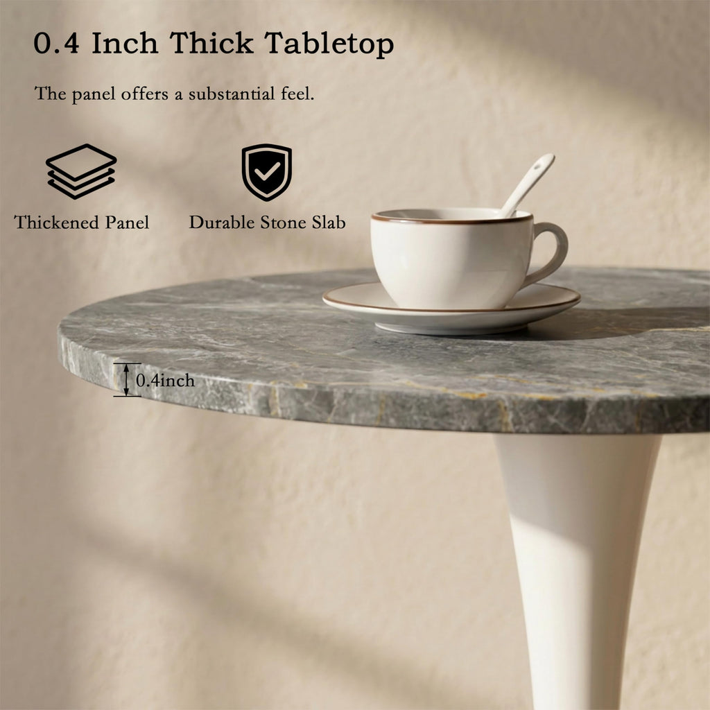 Sybrioka 27.6" Marble Round Tulip Table, Mid-Century Modern Style Dining Table with White Pedestal Base for 2-4 People, Featuring A Marble Tabletop for Kitchen, Dining Room, Cafe (Dark Grey)