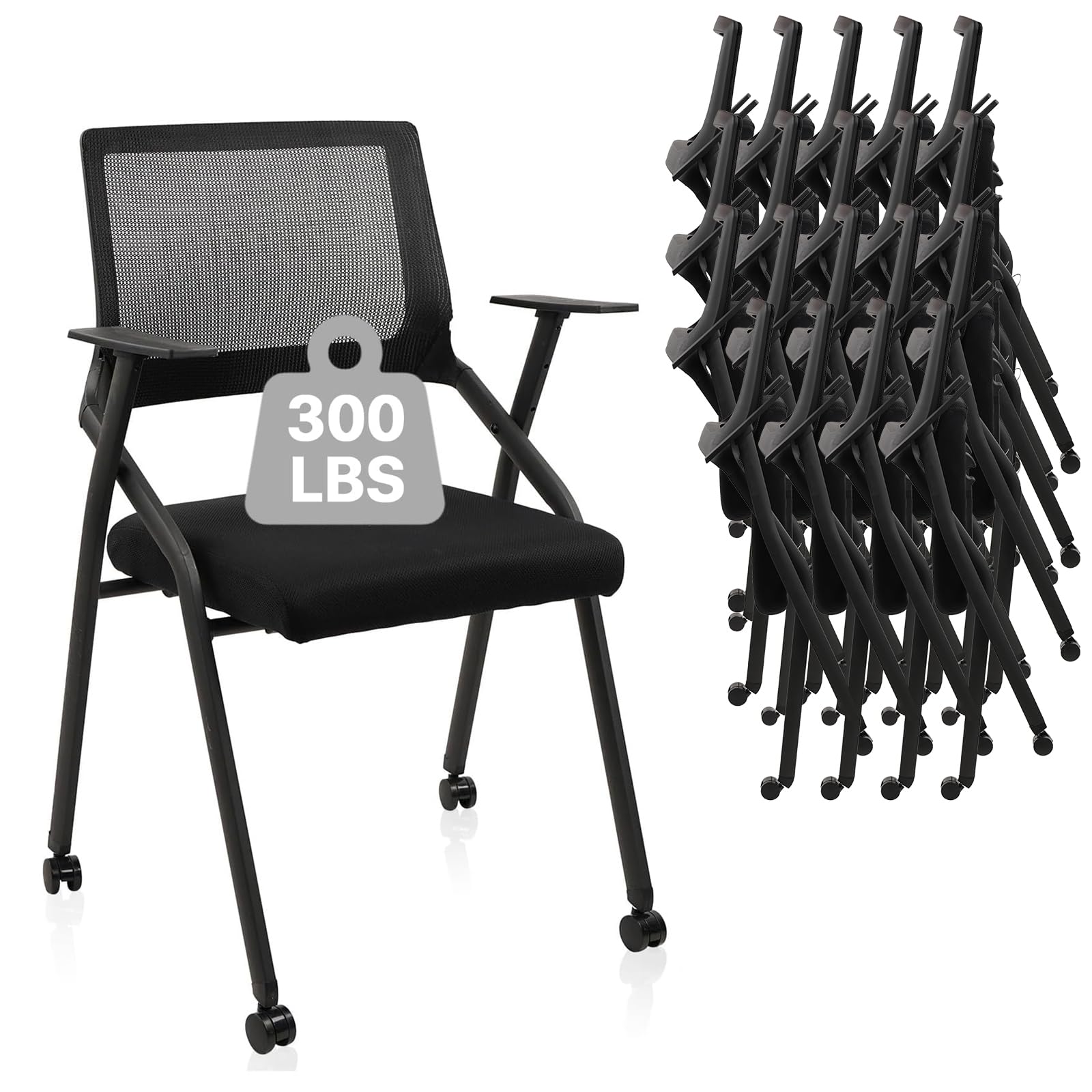 20 Pack, Stackable Foldable Chairs with Wheels, Portable Padded Office Desk Chair with Lumbar Support and Armrest for Conference School Lobby Break Waiting Training Room Guest Reception, Black