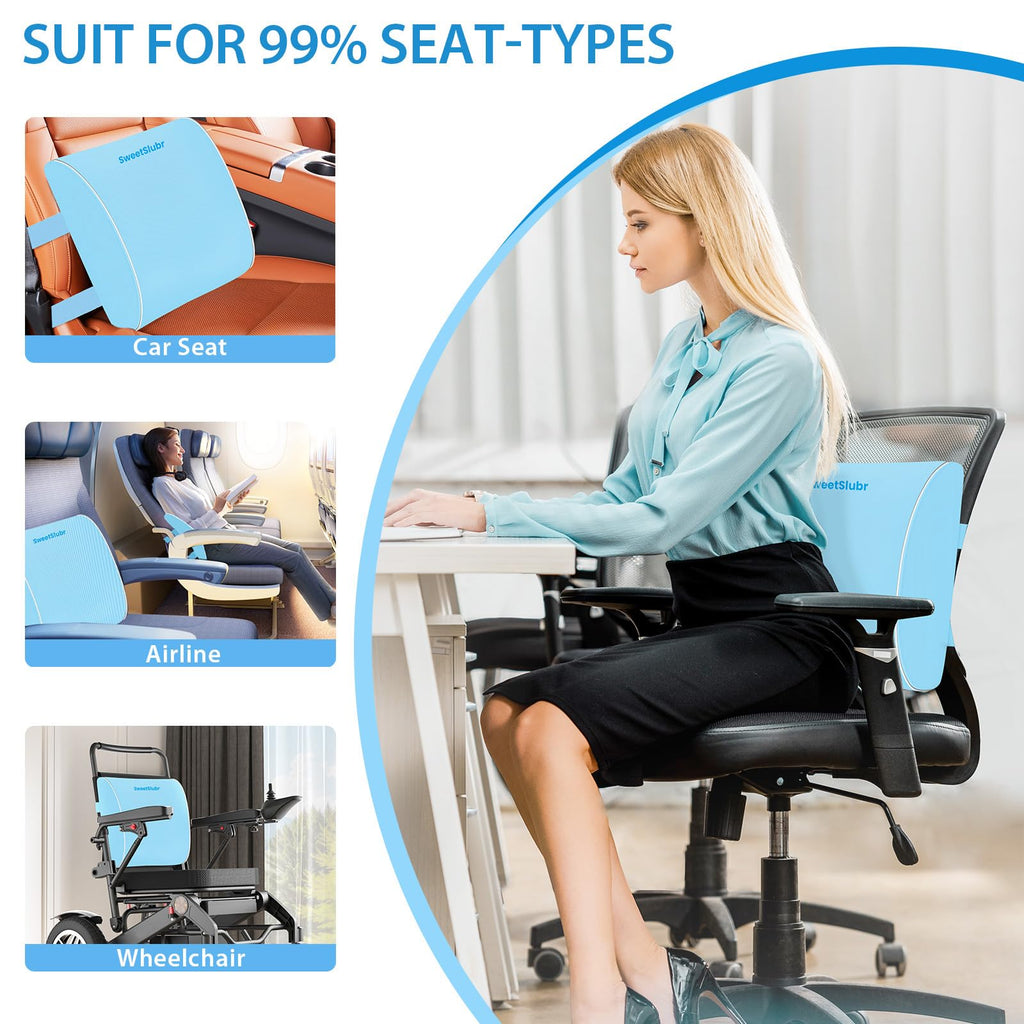 Lumbar Support Pillow for Office Chair, Car & Gaming Chair, Ergonomic Memory Foam Cushion for Back Comfort,Zoned Back Support, Double Adjustable Straps(Light Blue,Large)