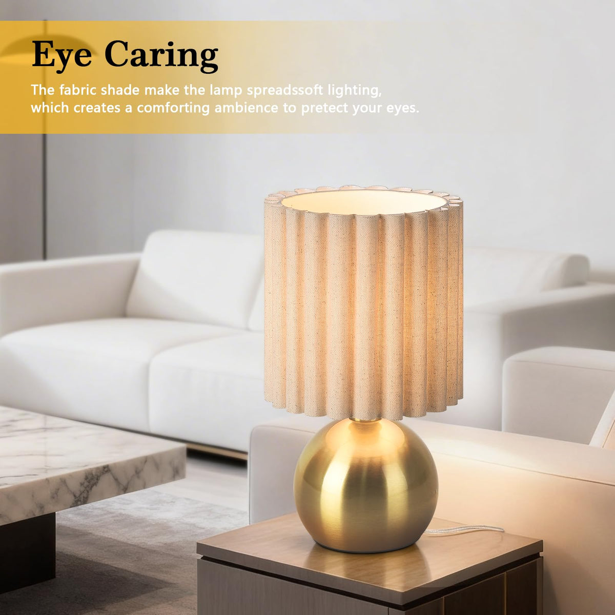 Gold Small Table Lamp with Scalloped Linen Shade, Mini Brass Gold Table Lamp for Bedroom Nightstand, Cute Desk Night Light for Living Room, Bookshelf, Kitchen Counter, Kids Room, Office