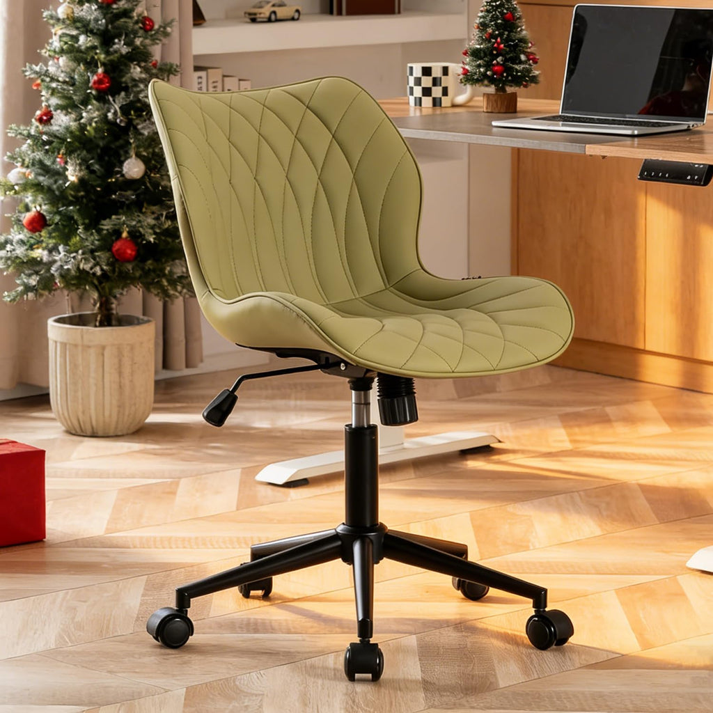 Armless Desk Chair Comfy Office Chair with Wheels Home Ergonomic Task Chair Adjustable Computer Chairs Modern Faux Leather Swivel Chair Upholstered Makeup Vanity Chair with Back(Avocado)