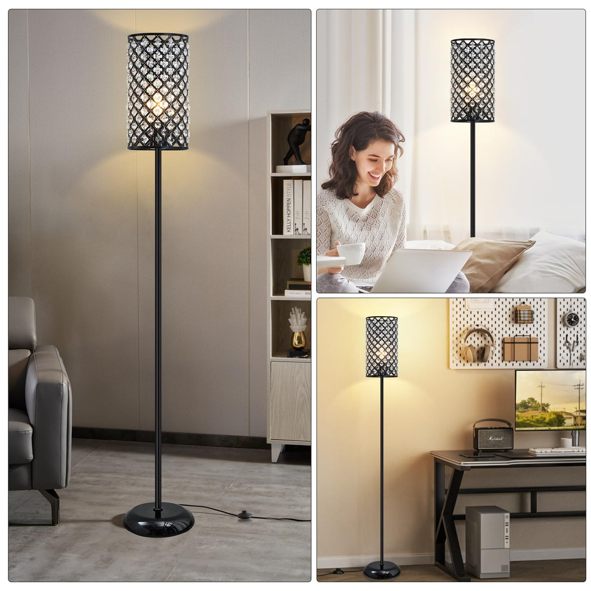 Crystal Floor Lamp, Modern Standing Lamp with Elegant Shade Black Floor Lamp with On/Off Foot Switch,Tall Pole Accent Lighting for Living Room, Girl Bedroom, Dresser, Office