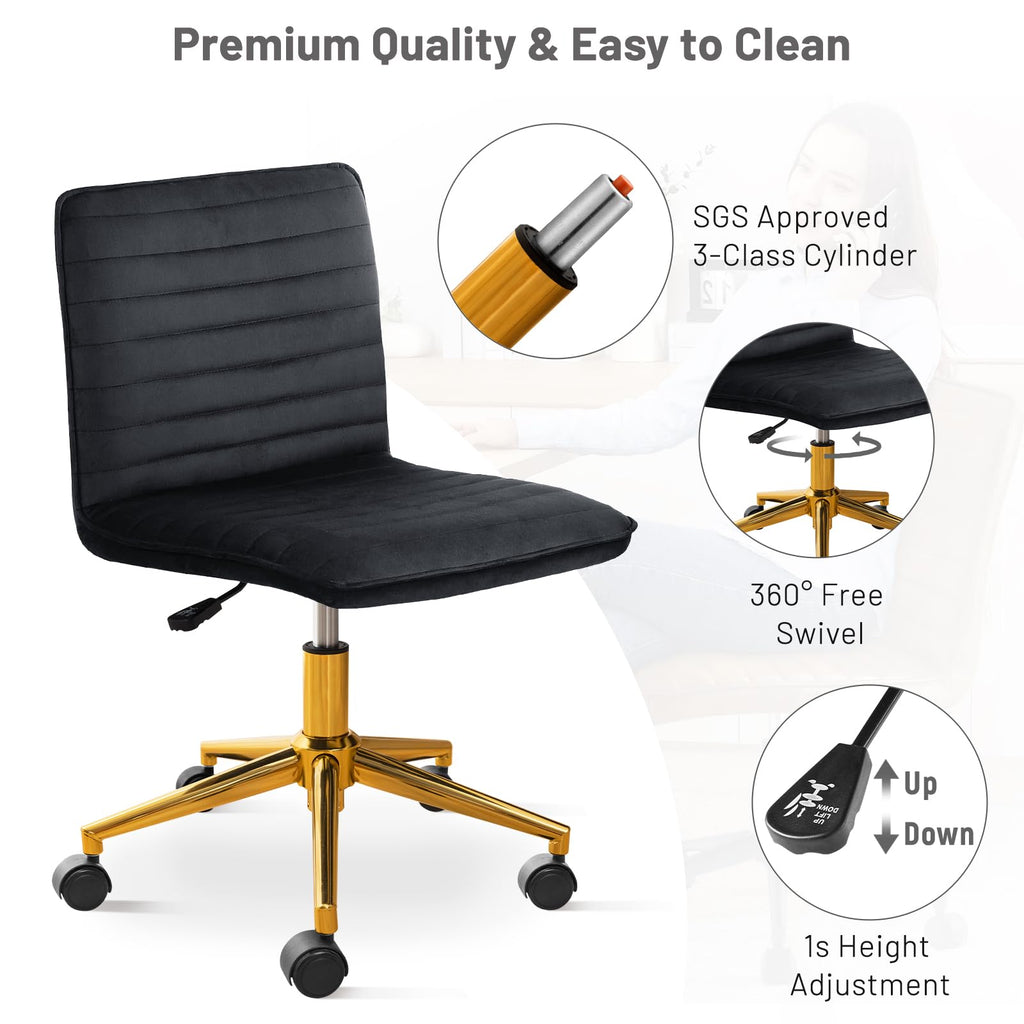 Office Desk Chair, Armless Desk Chair with Wheels Soft Velvet Adjustable Height, Comfy Computer Rolling Chairs with Gold Metal Base Stool,Black