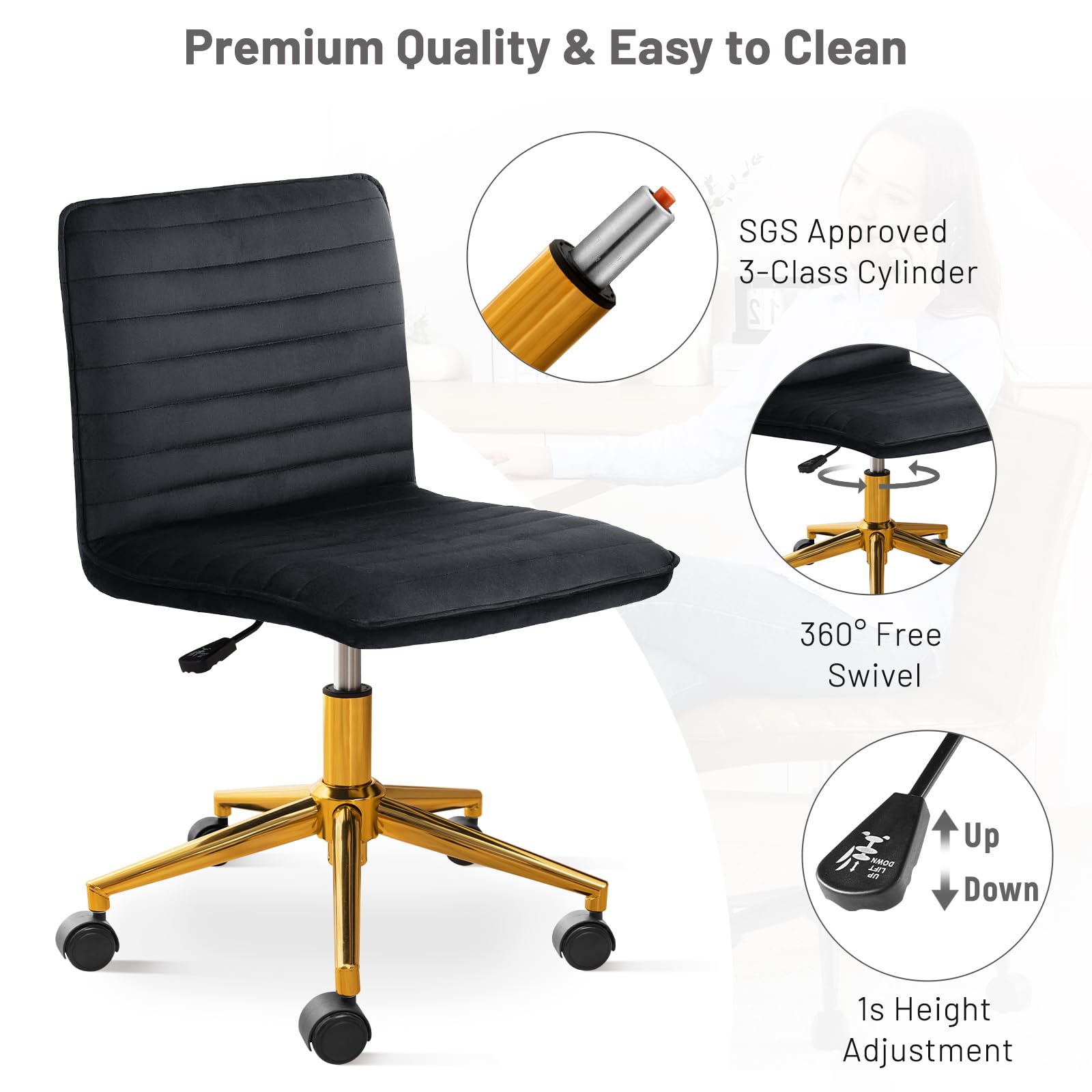 Office Desk Chair, Armless Desk Chair with Wheels Soft Velvet Adjustable Height, Comfy Computer Rolling Chairs with Gold Metal Base Stool,Black