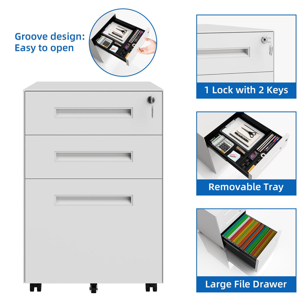 3 Drawer Metal Rolling File Cabinet Under Desk Filing Cabinet White