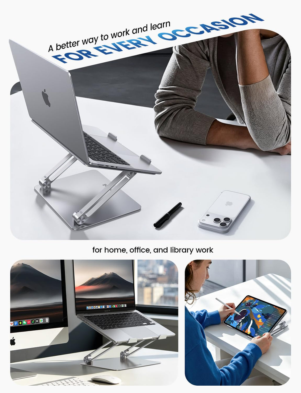 Adjustable Laptop Stand, Portable Laptop Riser, Aluminum Laptop Stand for Desk Foldable, Ergonomic Computer Notebook Holder for MacBook Air Pro HP, Office Desk Accessories (10-17.3'')- Silver