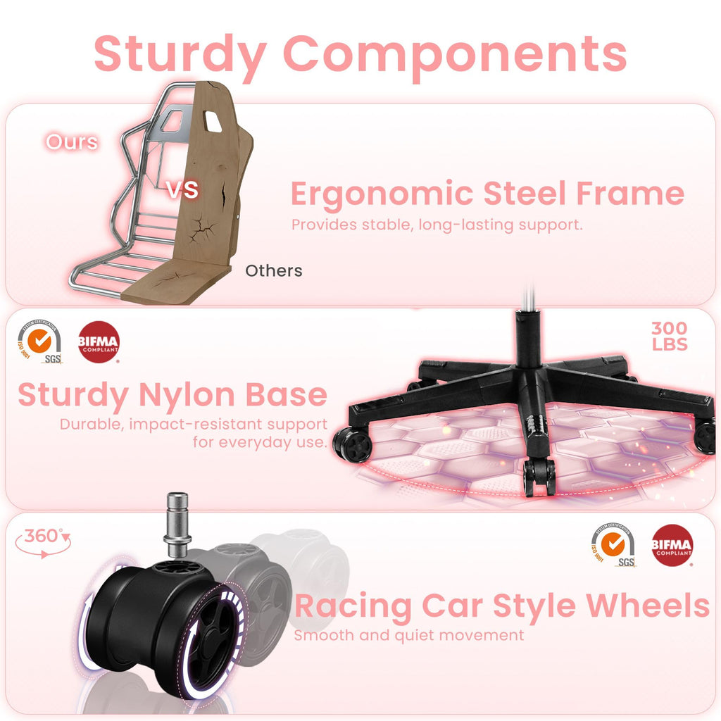 Gaming Chair with Footrest Lumbar Support for Home Office High Back Recliner Height Adjustable Ergonomic Comfy Fabric Computer Desk Chair (Pink)