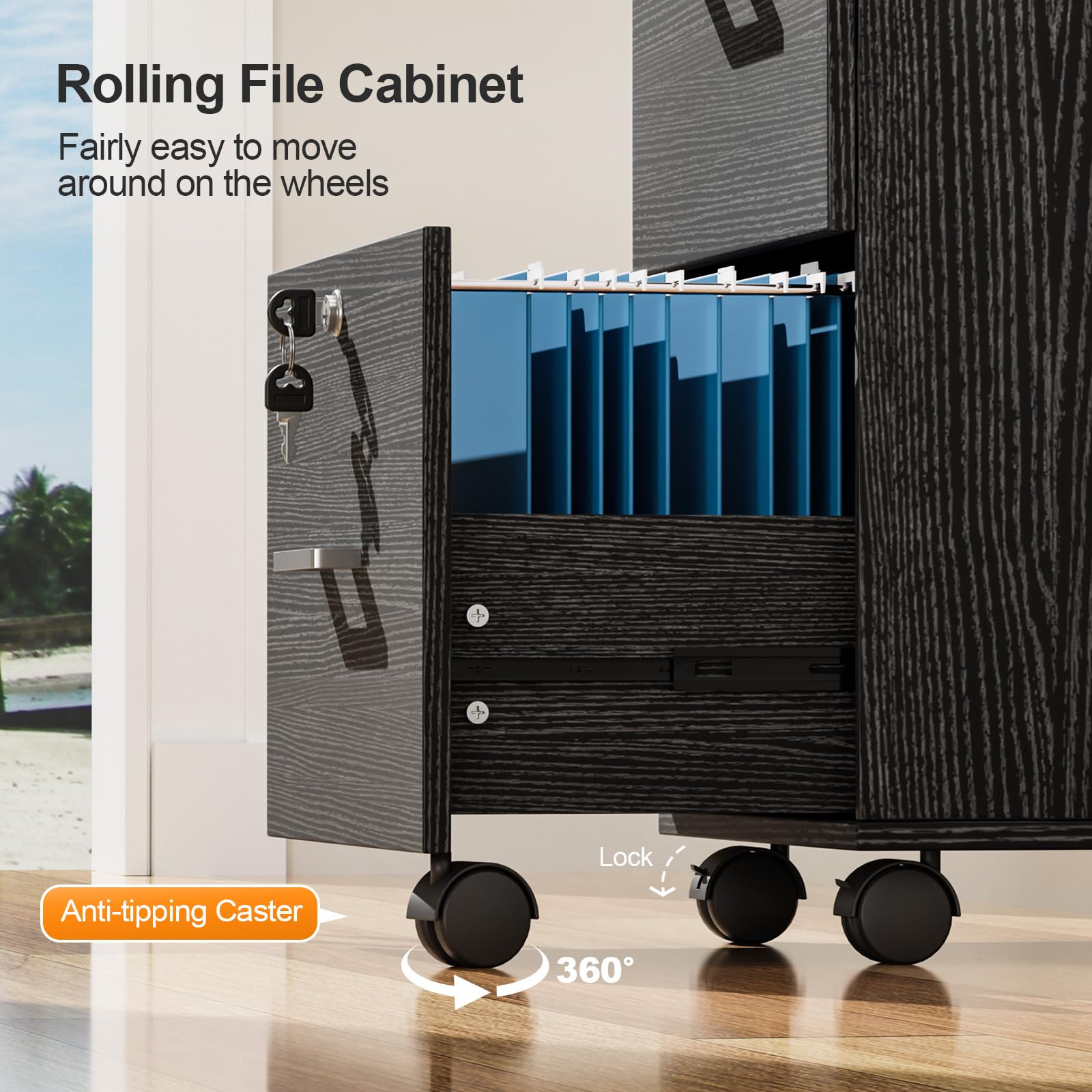 3-Drawer File Cabinet with Lock, Wood Rolling Filing Cabinets for Home Office, Mobile Printer Stand, Under Desk File Organizer for Letter Sized Files, 26" H(Caster Included), Black