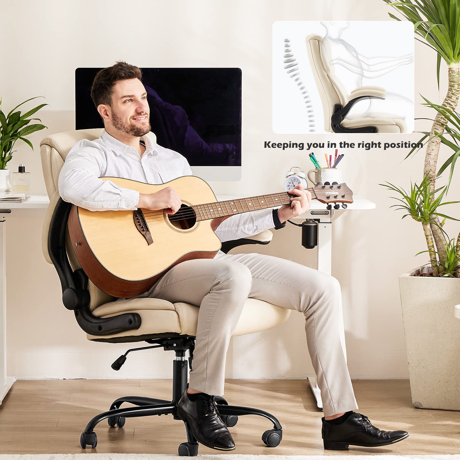Ergonomic Office Chair, Heavy Duty 275lbs High Back Desk Chair, Flip-up Armrest PU Leather Swivel Rolling Chair with Wheels,White