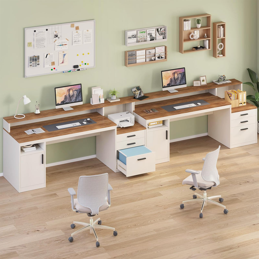 65 Inch Computer Desk with 3 Drawers & Storage Shelves, Executive Desk with File Drawer & Cabinet, Home Office Desk with Long Monitor Stand & Printer Shelf, Antique White