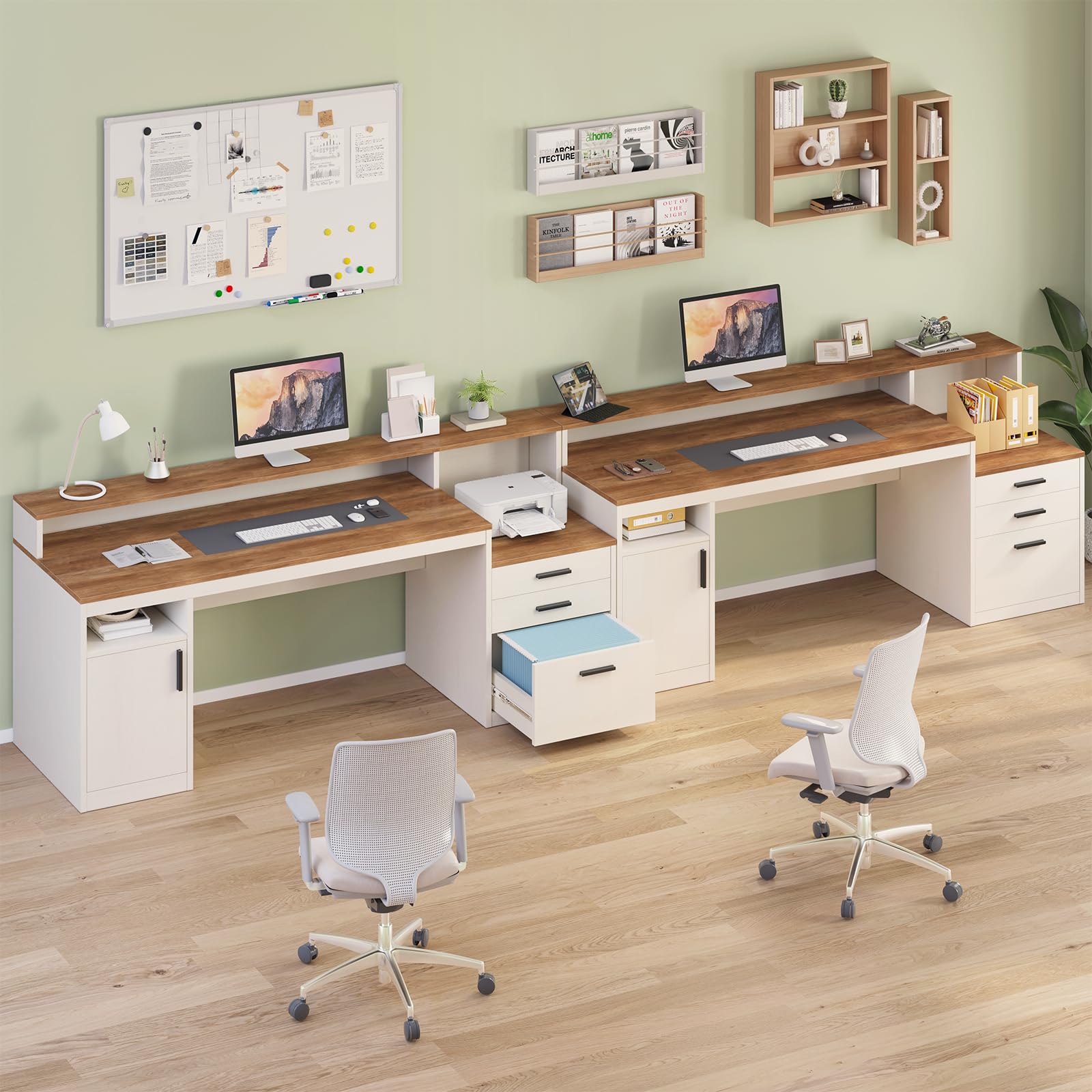 65 Inch Computer Desk with 3 Drawers & Storage Shelves, Executive Desk with File Drawer & Cabinet, Home Office Desk with Long Monitor Stand & Printer Shelf, Antique White
