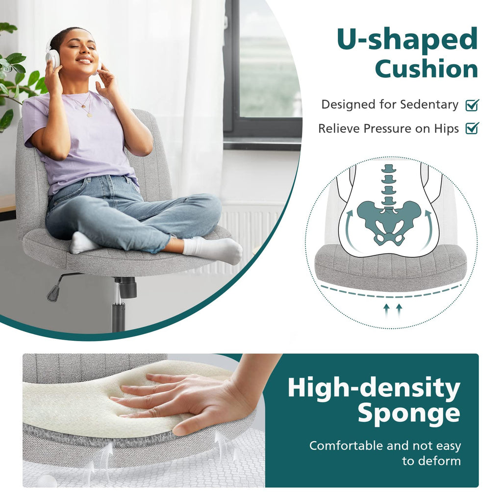 Criss Cross Legged Chairs Armless No Wheels Wide Seat Height Adjustable Swivel Padded Fabric Home Office Desk Seating for Bedroom, Student, Study Room