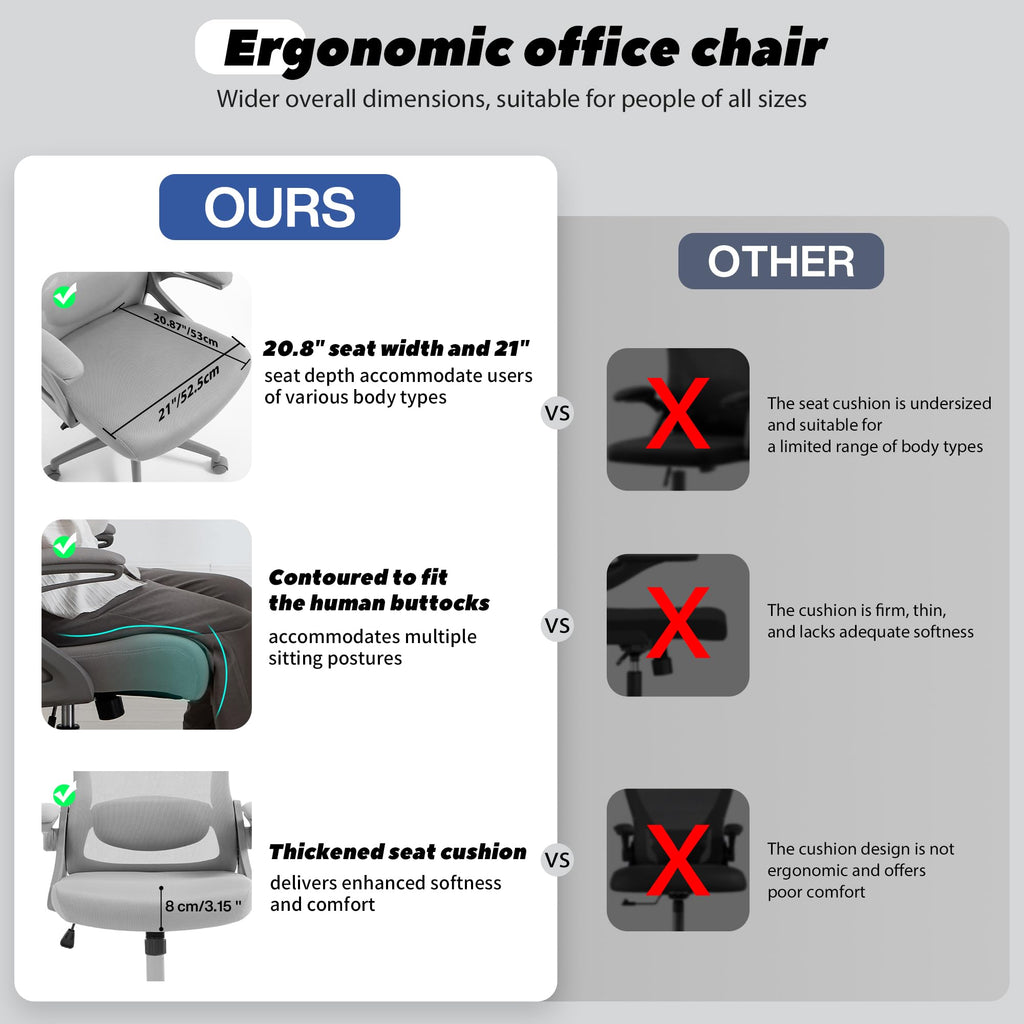 Office Chair, Ergonomic Office Chair with Adjustable Headrest Lumbar Support Computer Chair, 400 lbs Desk Chair Comfy with Flip-up Armrests - Gaming Chairs for Adults Home Office (Gray)