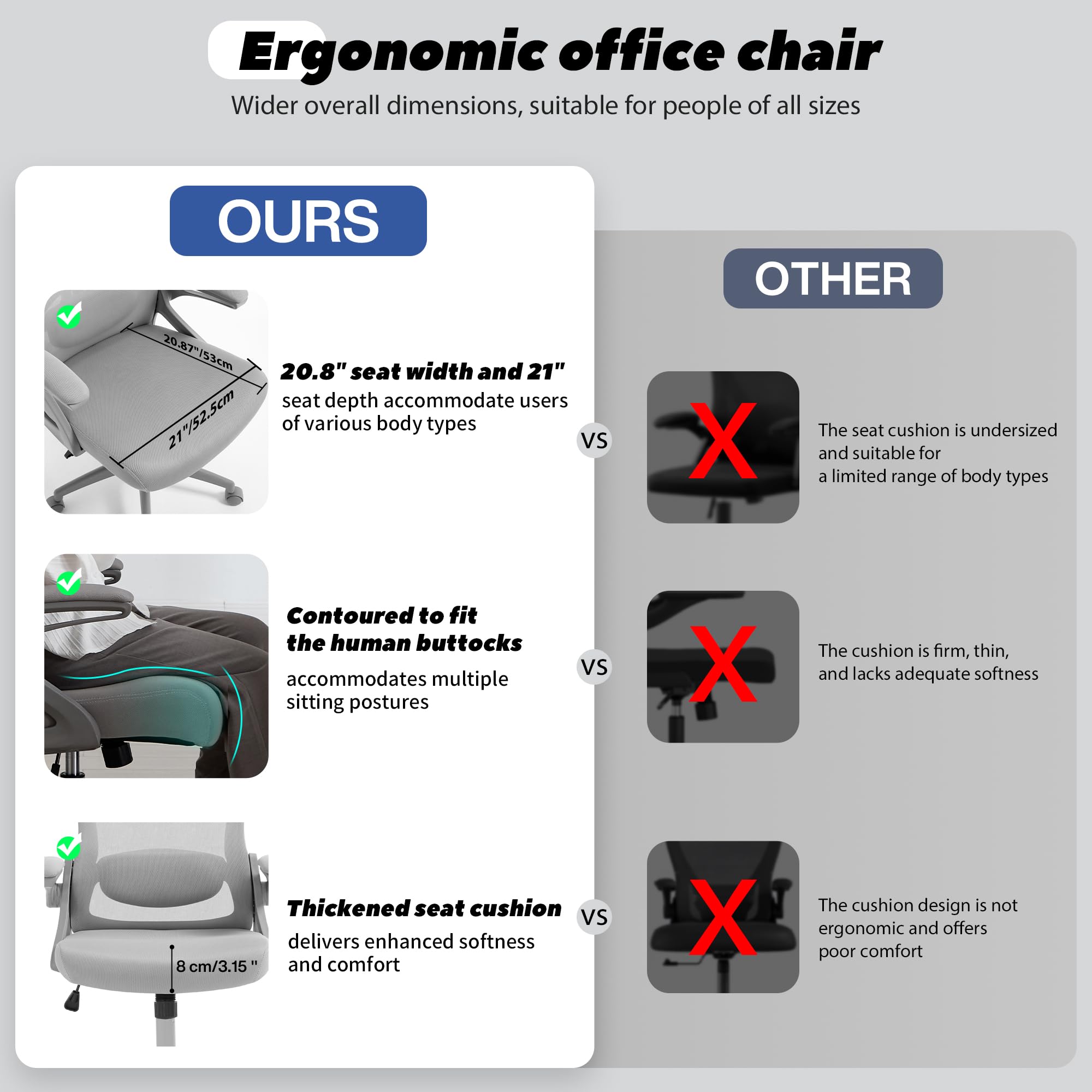 Office Chair, Ergonomic Office Chair with Adjustable Headrest Lumbar Support Computer Chair, 400 lbs Desk Chair Comfy with Flip-up Armrests - Gaming Chairs for Adults Home Office (Gray)