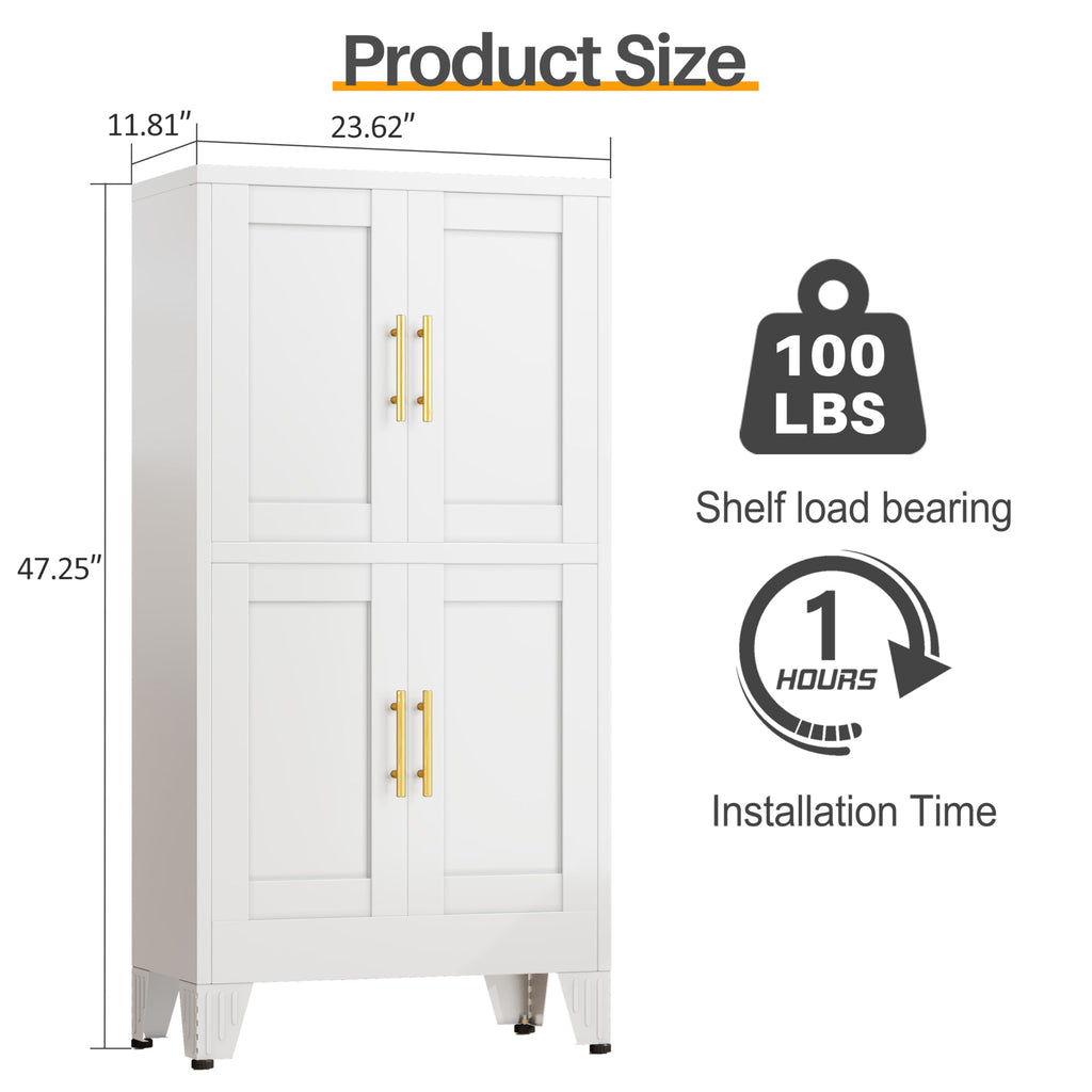 47” White Metal Storage Cabinet, Kitchen Pantry Cabinet