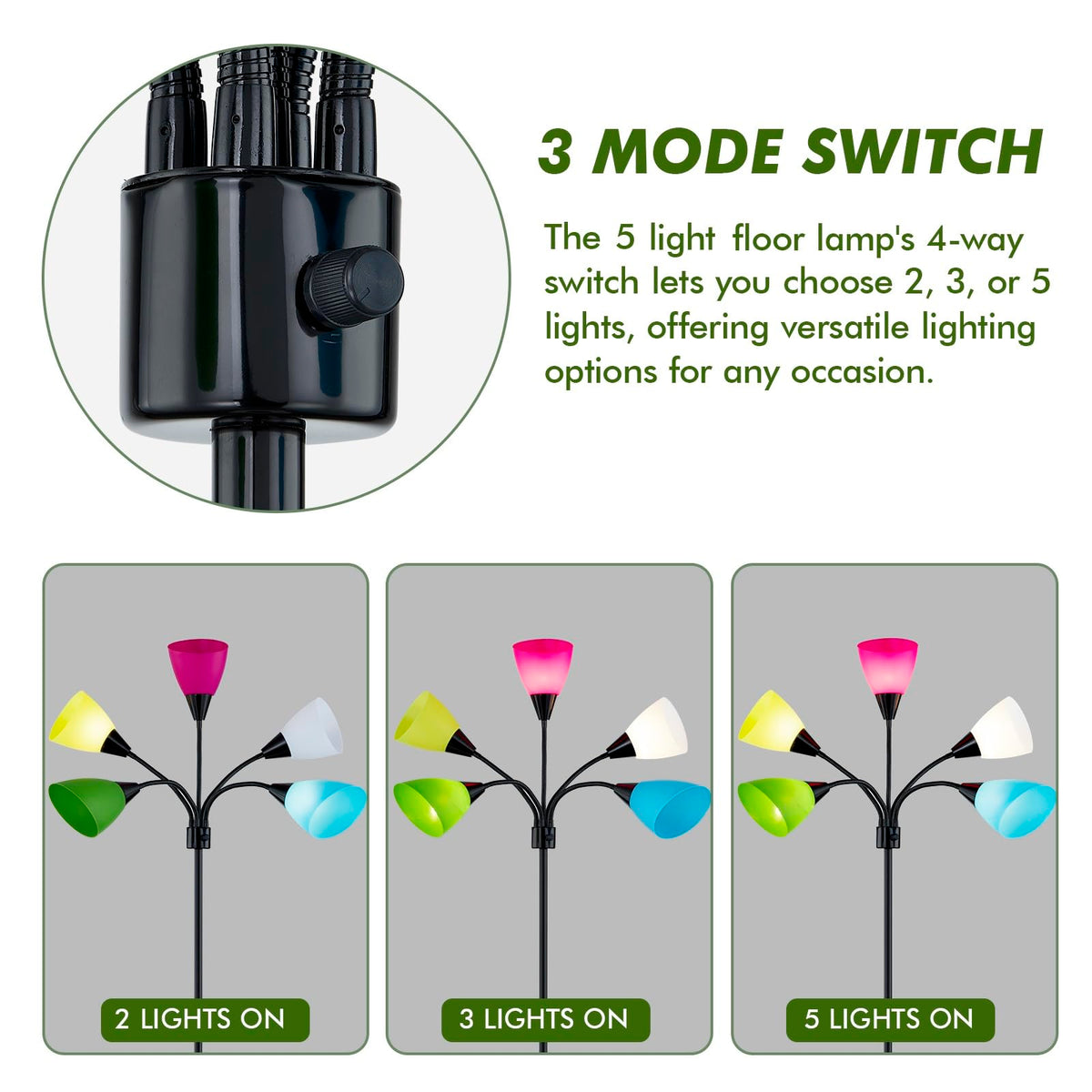 Medusa Modern Decor Floor Lamp, 5 Head Adjustable Gooseneck Lamps for Reading, Colorful Multiple Tall Standing Lamps for Living Room Bedroom Office Kids Classroom, Black, Bulbs Included