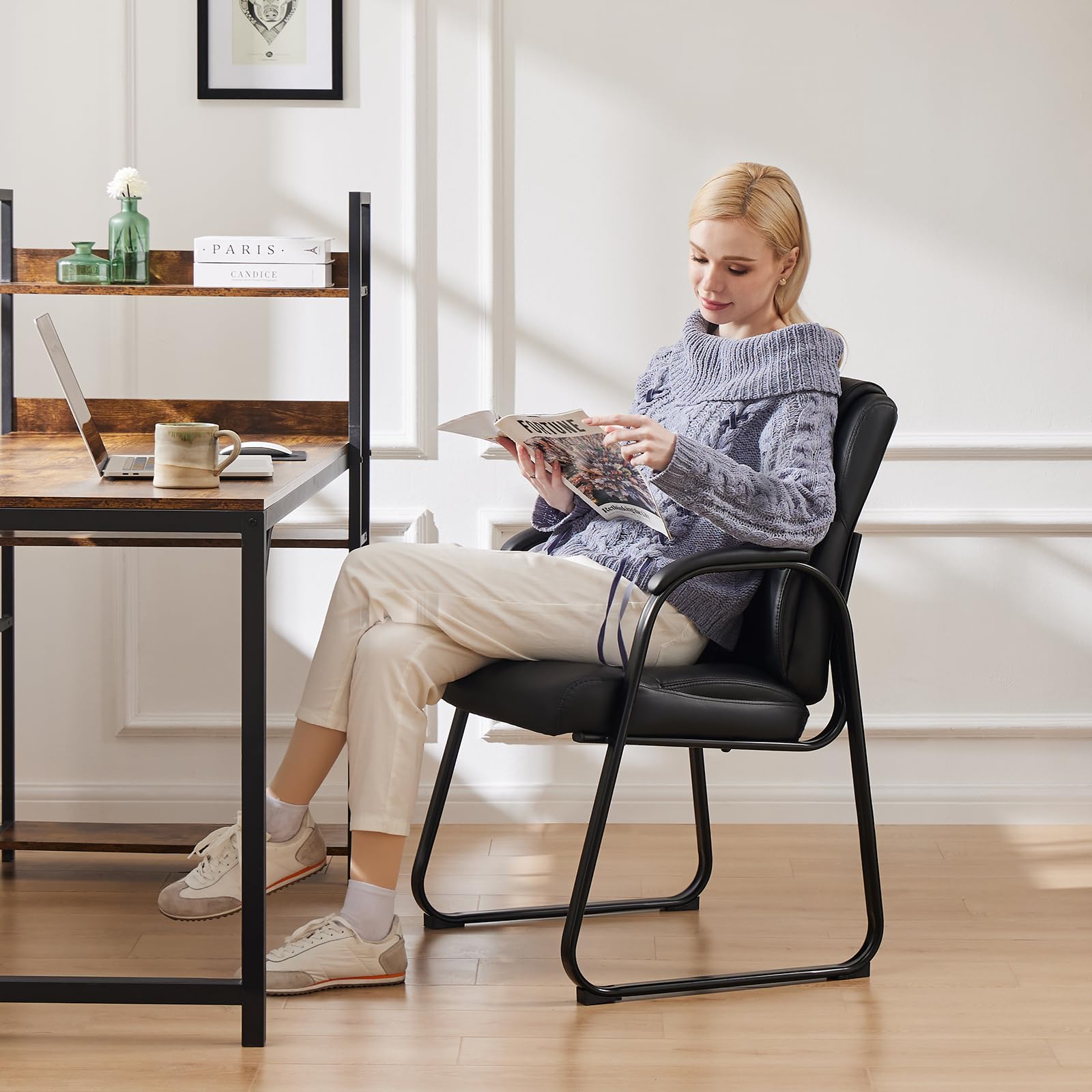 Set of 8, Waiting Room Guest Chair Leather Stationary Office Reception Chairs No Wheel, Comfy Padded Arms and Seld Base, for Conference Room Lobby Home Desk Bedroom Elderly, Black