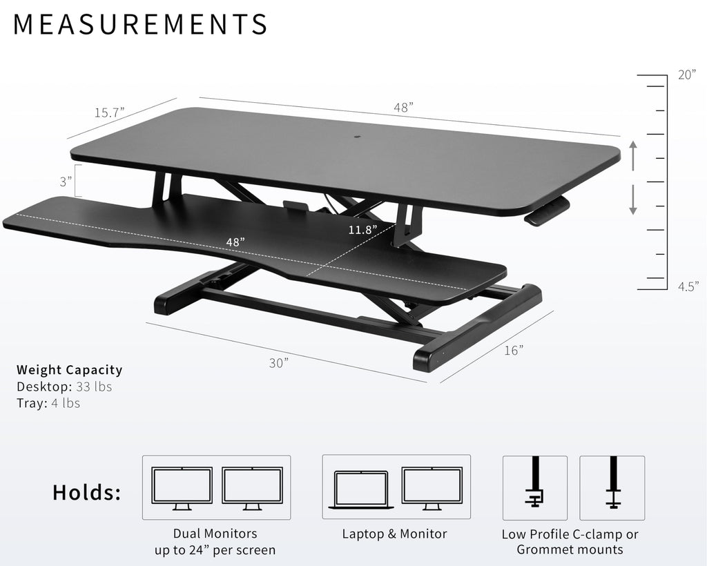 48 inch Desk Converter, K Series, Height Adjustable Sit to Stand Riser, Dual Monitor and Laptop Workstation with Wide Keyboard Tray, Black, DESK-V048KB