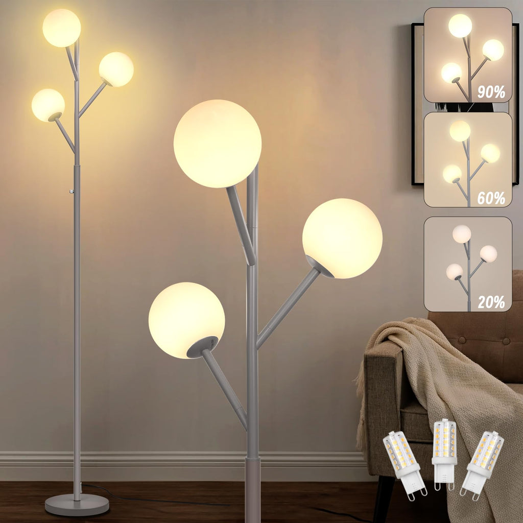 Dimmable 3-Globe Mid Century Modern Floor Lamp, Bulbs Included,70in Tall Silver Standing Floor Lamp with Frosted Glass Shade for Living Room,Office Bedroom, Study Room, Hotel, (dimmer-Silver)